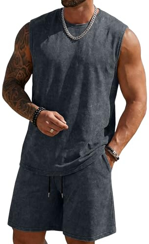 JMIERR Men's 2 Piece Outfits Vest Sleeveless Tops and Shorts Sets Summer Athletic Vacation Set,Grey,M