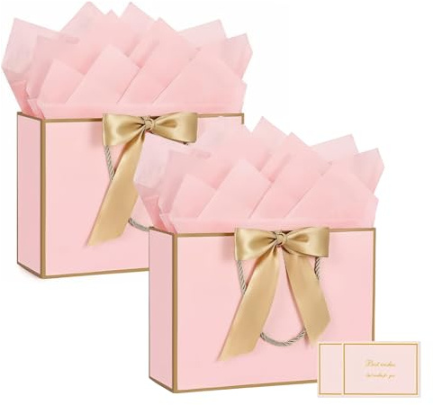 THXFUNAREA Set 2 Sacchetti Regalo Donna Borsa Regalo Rosa con Nastro 28x20x10 cm + Carta Regalo + Biglietti Confezione Regalo Compleanno Festa della Mamma Regalo Donna
