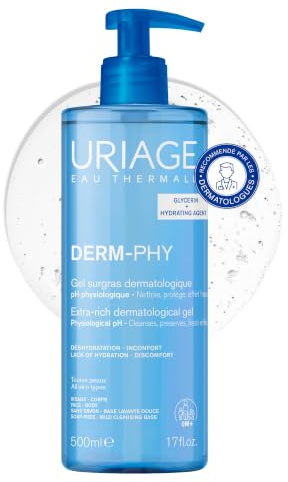 Uriage Derm-Phy Gel Surgras Nettoyant Extra-Riche 500mL - Peau Sensible - Préserve le Film Hydrolipidique de la Peau - Gel Moussant Frais - Nettoie sans Assécher - Visage, Corps - pH physiologique