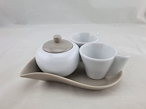 SUD IMPORT South Import Furniture Kitchen Cups – Caffe Type New Two Mugs with Underplate Set + Sugar Bowl Assorted Colours – 1 Set