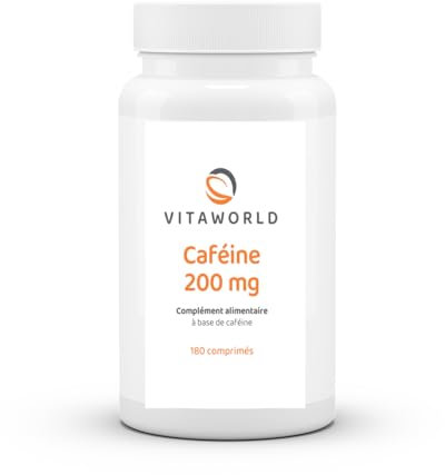 Vita World Caféine 200mg 180 comprimés Végétalien/Végétarien Caféine à haute dose Made in Germany