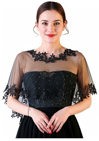MisShow Women's Lace Appliques Shawls Wedding Bridal Cape Shoulder Covers Bolero,Black