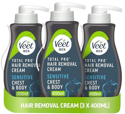 Veet Men Hair Removal Cream, 400ml each (Pack of 3), Chest & Body, Sensitive Skin, 1 Spatula, No Risk of Cuts, 24 Hour Hydration, 7 Days of Smoothness, Dermatologically Tested (Packaging may vary)