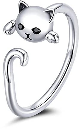 Qings Anello Regolabile con Gatto Adorabile Anello Animale in Argento Sterling 925 con Zirconi Cubici Semplice Carino Gattino Impilabile Anelli per Matrimonio Gioielli Moda Regali per Ragazze Donne