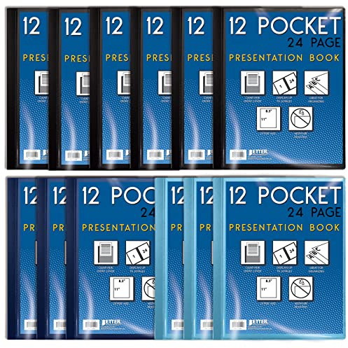 Better Office Products 12 Pocket Bound Presentation Book, Assorted Colors, Clear View Front Cover, 24 Sheet Protector Pages, 8.5 x 11 Sheets, Art Portfolio, Poly Covers, Letter Size (12 Pack)