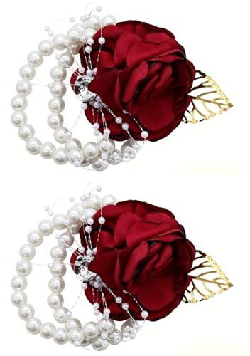 2 st blommig bröllopshandled med strass och pärla, TAIANJI bröllopshandled, rosenhandled, blomsterhandled för balevenemang, brud, årsdag (mörkröd)