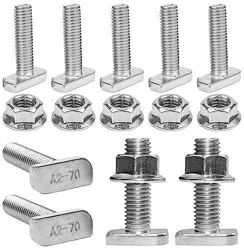 20 Tornillo de Cabeza de Martillo, 30 mm Acero Inoxi Tornillo en T con 20 Tuercas de Brida Hexagonales M10, A2-70 Herramienta de Fijación para Campos de Decoración, Fabricación Mecánica, Construcción