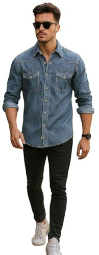 Mens Denim Shirt 100% Cotton Long Sleeve Button Down Casual Straight Fit | True Face Collared Overshirt with Chest Pockets, Snap Buttons, Washed Effect; Colourfast, Smart Casual Look