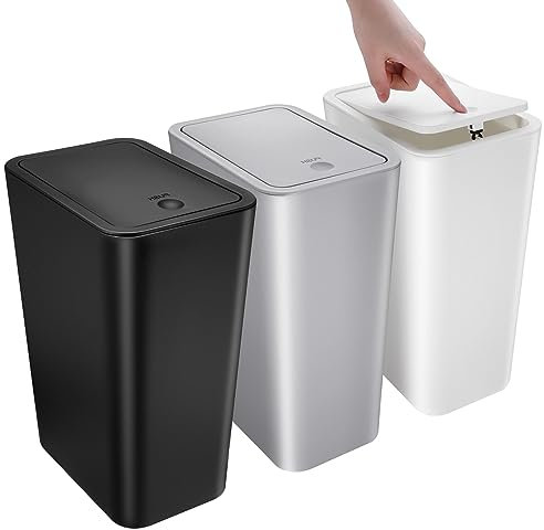 Kssvzz 3er Set Mülleimer Bad mit Deckel, 10L Badezimmer Mülleimer aus Kunststoff, Modern Abfalleimer für Schlafzimmer, Küchen, Büro, WC (Schwarz, Weiß, Grau)