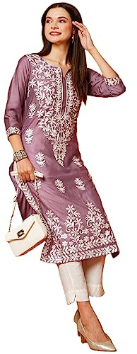GoSriKi Kurta droit brodé Chikankari en coton mélangé pour femme, Violet, M