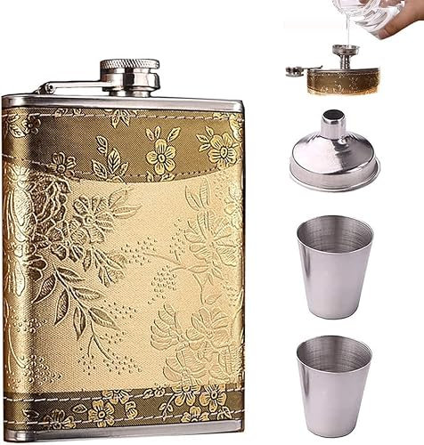 Vintage Fiaschetta Portatile Per Whisky, Fiaschetta Acciaio Inox 8oz, Portatile Per Liquori e Alcolici Vari, Escursione, Trekking, Viaggio (Oro)