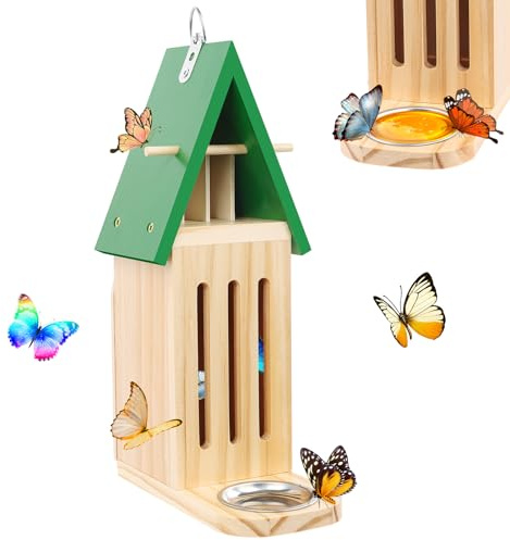 Butterfly House and Feeder for Outside, Wooden Butterfly House for Garden, Natural Butterfly Habitat with Butterfly Puddler on The Floor or Hanging on Tree Wall