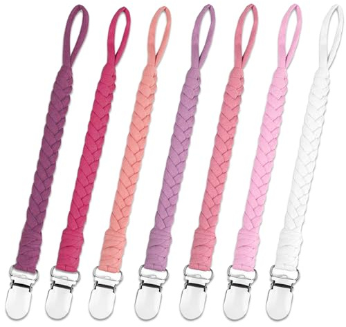 duludulu 7 Pcs Pacifier Clip, Pacifier Clips for Boys & Baby Girls Pacifier Holder Clip Binky Clips Braided 100% Handmade Fits All Pacifiers(Pink, 7 Pack)