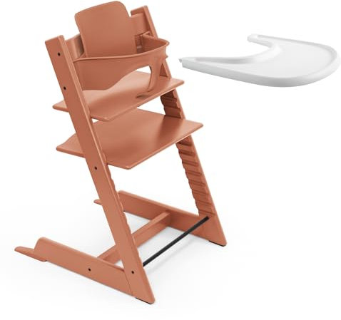 Stokke Tripp Trapp High Chair (Terracotta) with Stokke Tray (White) - Includes Tripp Trapp Chair & Baby Set 2 for Children 6-36 Months - Adjustable, Ergonomic & Easy to Clean