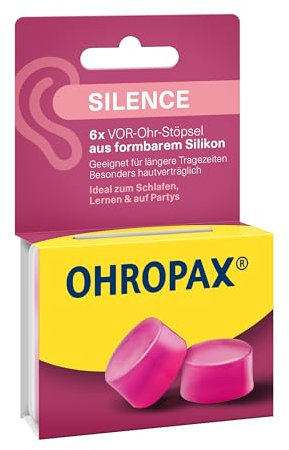OHROPAX Silence Ohrstöpsel – pinke VOR-Ohr-Stöpsel aus formbarem Silikon – dermatologisch getestet – für alle Ohren geeignet – Schalldämmwert SNR 23 dB – zum Schlafen, Lernen und für Party – 6 Stück