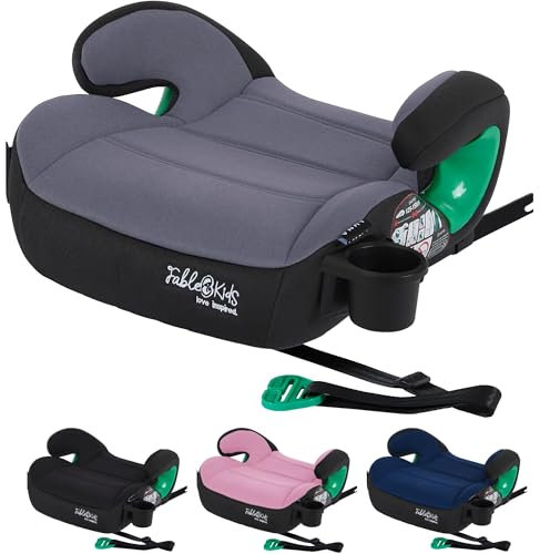 FableKids Sitzerhöhung Auto Kinder Isofix | 3-Punkt-Sicherheitsgurt | Kindersitzerhöhung bis 12 Jahre | Autositz für Kinder 125-150cm mit Becherhalter | ECE R129/03 | Grau