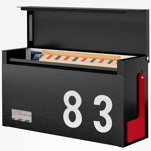 Modern Mailboxes for Outside, Metal Wall Mount Mailbox, with One Flag Kit and Three Sets of Mailbox Number Stickers, 3.9 D×13 W×7.1 H, Rust Resistant Coating Mail Boxes for House, Black AMB06B