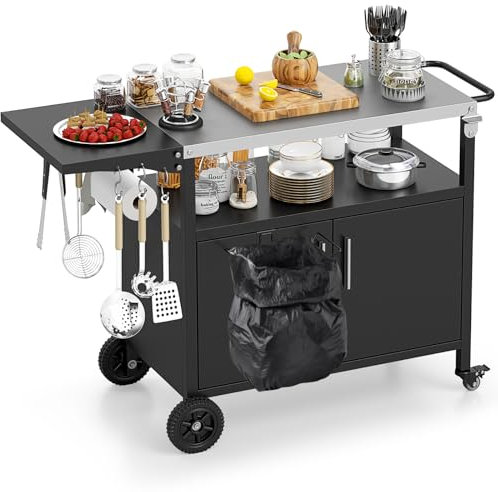 COSTWAY Carrello per Barbecue con 3 Ripiani e 2 Ante, Carrello da Cucina in Acciaio Inox e Ruote, Carrello Porta Griglia Multiuso con Tavolo Pieghevole e 6 Ganci, 127 x 50 x 84 cm