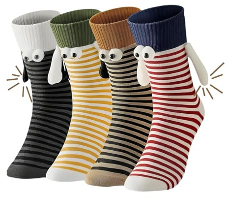 4 Paires Chaussette Drole, Chaussettes Drole, 3D Main en Main Chaussettes Magnétiques, Chaussette Aimantée Magnetique de Chaussettes Rayées Crocodiles Taille Unique (36-43)