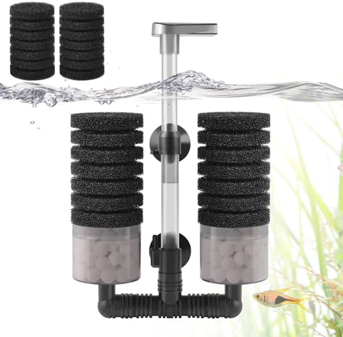 VILLNO Air Powered Aquarium Sponge Filter with Biochemical Sponge and Ceramic Balls, Quiet Submersible Fish Tank Filter for 30-120L Fresh Water and Saltwater