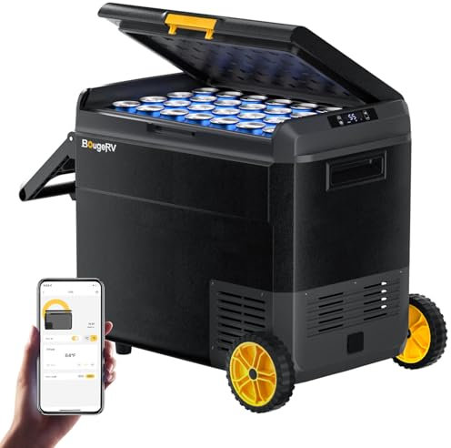 BougeRV CRS 60L Kompressor Kühlbox mit Griff Rollen Auto Kühlbox 12V 230V mit APP Steuerung Integrierter Korb, Gefrierbox Camping Kühlschrank Elektrisch IPX4 wasserdicht für Reisen Boot Angeln -20℃