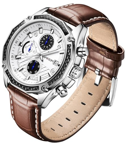 TICKEEN Herrenuhren für Herren analoge Quarz Uhren mit wasserdichtem Chronographen Kalender Lederarmband Edelstahluhr, Klassische stilvolle Mode Sport Casual Business Armbanduhr (Weiß-Braun)