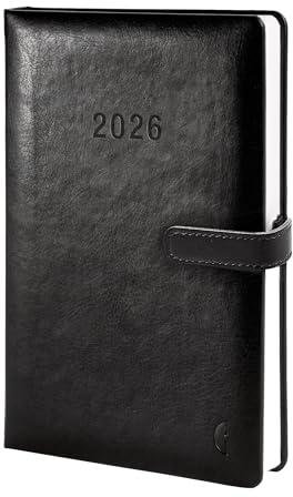 Chronoplan 50816 bokkalender kalendarium 2026 (möteskalender A5 (140 x 215 mm), inbunden av högkvalitativt läderimitation, dagsplanerare, 1 dag på 1 sida, med magnetlås, pennhållare) svart