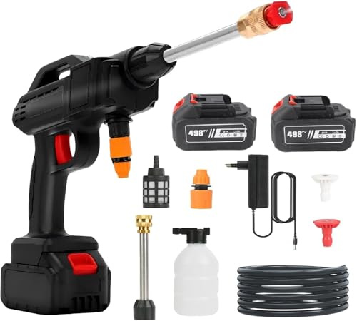 Hidrolimpiadora Bateria, 21V MAX 35Bar Limpiador de Alta Presión Inalámbrico con 2 * 4.0Ah Baterías, Manguera de 5M, Jarra de Espuma, 2 Boquillas, Portátil para Coche, Terraza, Ventana, Piscina