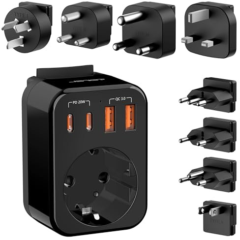 Reiseadapter Weltweites Set, Universal Steckdosenadapter mit USB C (PD 20W), Reisestecker mit 8 Abnehmbare Stecker Travel Adapter für UK/Italien/Südafrika/JAP/AUS/USA/Swiss, über 200 Ländern