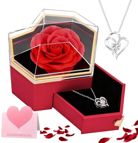 JABNOW Rosa Eterna con Collar Regalo de San Valentín, Flores Preservadas para Día de la Madre, Regalo de Cumpleaños Mujer, Aniversario, Navidad en Caja Corazón para Mamá/Novia/Abuela y Hermana
