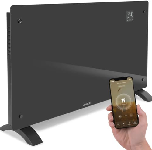 VONROC Elektrisk konvektor 2 500 W WiFi CH516AC – glaspanel, App Tuya, termostat, 5–50 °C, timer, Eco/Comfort/Anti-Frost, IP24, vägg- eller golvmontering, upp till 30 m²