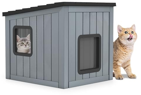 COSTWAY Katzenhaus Outdoor Winterfest, Isolierte Katzenhütte für Winter, Katzenhöhle mit 2 PVC-Türen & geneigtem Dach, PP, für Katzen Hunde Haustier, 62,5 x 54 x 56,5 cm, Grau