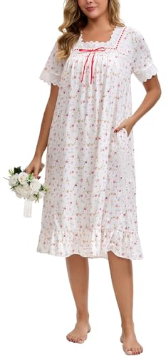 Rubehoow Nightgown Women's Short Sleeve Nightdress Vintage Vicotiran Pajama Dress Soft Cotton Nightwear S-3XL