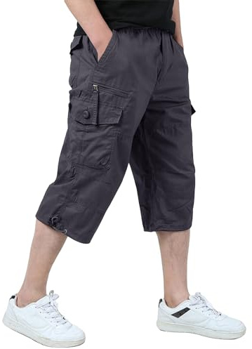 KEFITEVD Cargo Shorts Men 3/4 Length Shorts Long Short Pant Cropped Trouser | Multi pockets, elastic waist, casual work shorts, cotton capri trousers, summer below knee, 15 inch, comfortable, lightweight