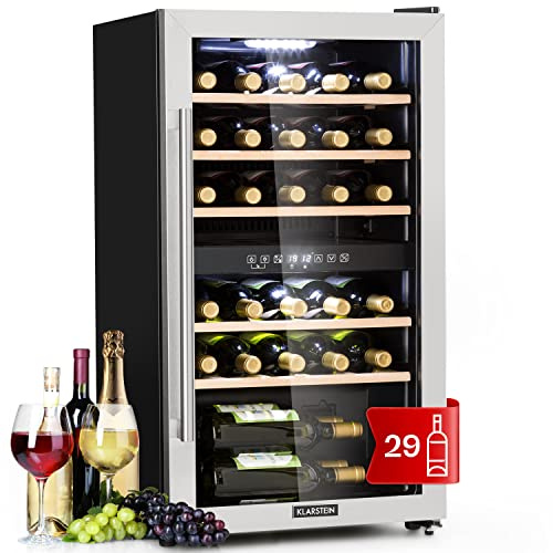 Klarstein Vinoteca 29 Botellas, Nevera Vinos de Dos Zonas Refrigeración, Nevera Expositora Vino y Cerveza, Vinoteca Interior y Exterior con Puerta de Cristal, Nevera Vino con Protección UV, 5-22°C
