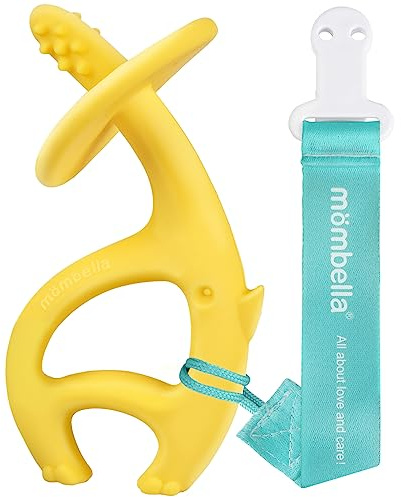Teething Toys 3 Months+, Mombella Elephant Teethers for Babies with Strap to Clip on, Soft Silicone Teether Toys, 2 in 1 Teether & Pre-Training Toothbrush, 3 Month Old Infant Chew Toys, Yellow