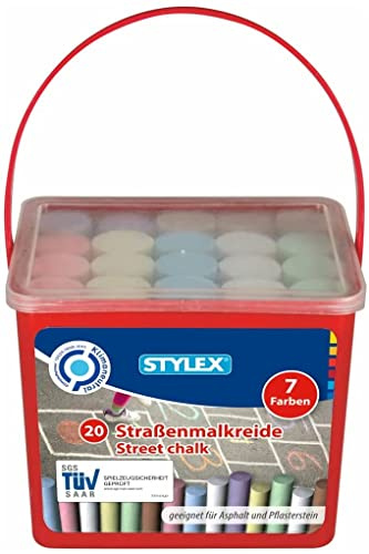 Stylex 48104 Lot de 6 craies de rue dans un seau de 20 craies carrées pour peindre l'asphalte et les pavés en 7 couleurs