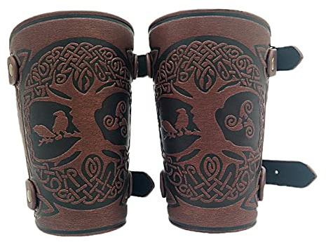 Viking Tree of Life Bracers Medieval Arm Guards Yggdrasil World Tree Leather Bracers Medieval Leather Wristbands Gauntlet Viking Accessories for Men Halloween LARP Archery Gladiator (Brown)