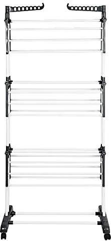 Stendibiancheria Torre a 3 piani doppi. Stendibiancheria interno pieghevole con ruote ed estendibile per interni ed esterni, con supporto per piccoli oggetti, 75 x 64 x 170 cm (nero + bianco)