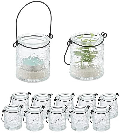 Relaxdays Windlicht, 12er Set, Glas mit Henkel, innen & außen, HxD: 7x6 cm, Hochzeit Teelichthalter, transparent/schwarz