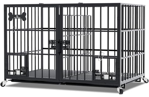 aboxoo 42/48 inch Heavy Duty Metal Dog Crate for 2 Dogs/Large Dog,All Metal Open Top Stackable,Dog Kennel Indoor with Wheels,Floor Grid, Tray, Divider and Feeding Bowl
