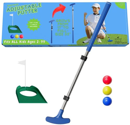 Go For It Golf Kids Putter - Extendable Shaft for Junior Golfers - Adjustable Size for Right and Left Hand - Perfect Training Club for Kids - Includes 3 Balls, Cup with Flag - Blue, 17-35