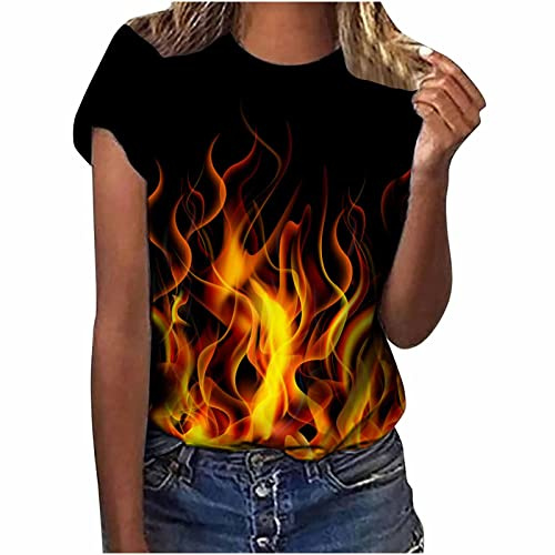 Blusa de mujer moderna con estampado de fuego, cuello redondo, jersey de manga corta, camiseta ligera de verano, camiseta de algodón, transpirable, camiseta holgada, ropa de calle, fiesta, disfraz