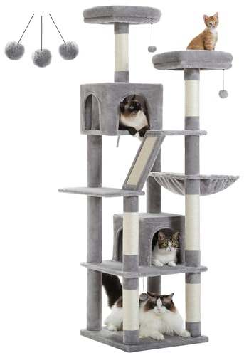 PETEPELA Tall Cat Tree 70.9, Large Cat Tree for Indoor Cats, Multi-Level Plush Cat Condo with 6 Scratching Posts, 2 Scratching Boards, 2 Perches, 2 Caves, Hammock, 2 Pompoms Grey
