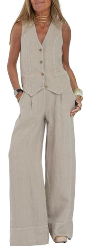 Vest and Pants Set for Women, Cotton Linen Button Down Sleeveless Blazer Vest Wide Leg Pant Sets Business Suits (Beige, S)