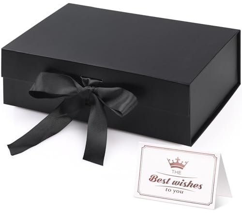 Hianjoo Boîte Cadeau avec Couvercle 23x17x7 cm, Coffrets cadeaux pliables avec Couvercle Magnétique et Ruban pour Mariages, anniversaires, Saint-Valentin, Noël-Noir