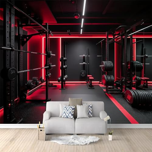 Papel tapiz fotográfico 350 x 256 cm Revestimiento de paredes decoración de salón Diseño Gimnasio moderno para dormitorio, sala de estar, papel tapiz no tejido, decoración de pared, Negro rojo