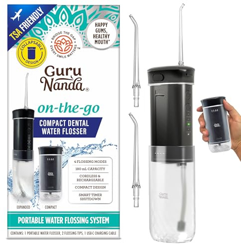 GuruNanda Compact Water Dental Flosser, Portable Travel Size Oral Irrigator Flosser with Collapsible 180 ml Tank, Smart Timer, 4 Flossing Modes, TSA-Friendly - Black