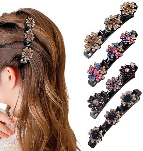 ELNX Lot de 4 Barrettes à Cheveux tressées en Forme de trèfle à Cinq Feuilles, avec Pierres en Cristal Scintillantes, Strass, Double Couche, pour Femmes et Filles