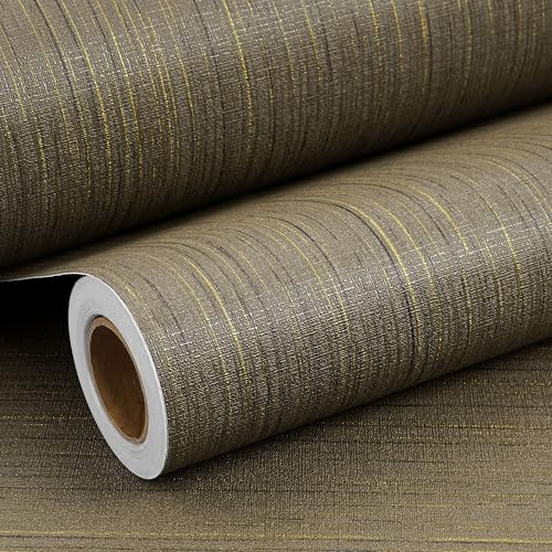 ReWallpaper Papier Peint Chambre Adulte Salon Texture Lin Marron Doré 40CMx7M Rayé Film Autocollant Meuble Mur Tiroirs Vintage Papier Adhesif Effet Tissu Lin Marron Stickers Porte Placard